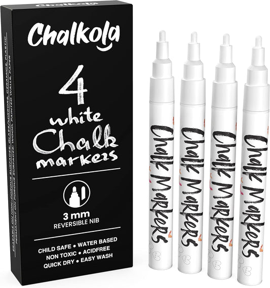 White Chalk Markers Fine Tip (4 Pack 3mm) - Wet & Dry Erase Chalk Pens for Blackboard, Chalkboards, Windows, Signs, Glass, Bistro - 3mm Reversible Bullet & Chisel Point