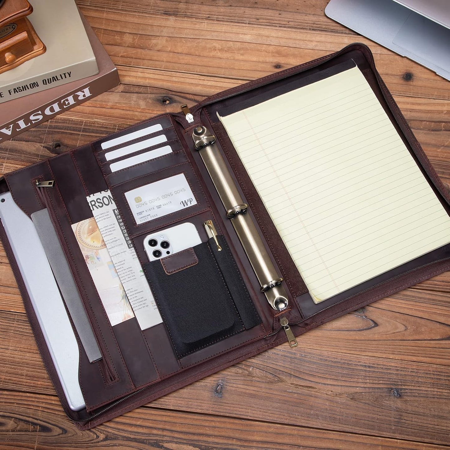 Genuine Leather Portfolio with 3 Ring Binder, Full Grain Leather Padfolio Zippered, A4 Notebook Holder Laptop Sleeve Professional Folder Organizer Gift for Men and Women, Dark Brown