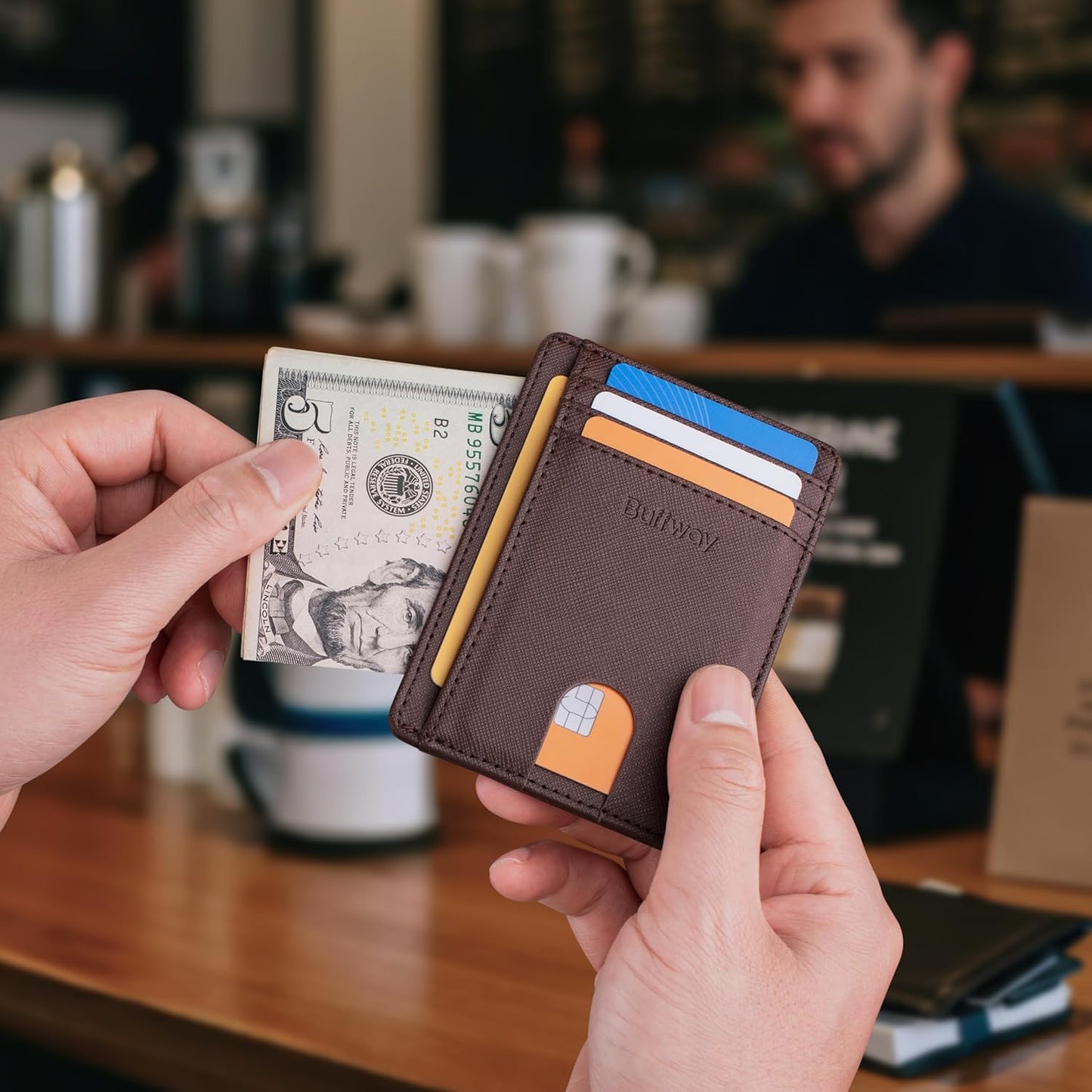 Buffway Slim Minimalist Front Pocket RFID Blocking Leather Wallets for Men and Women - Cross Coffee