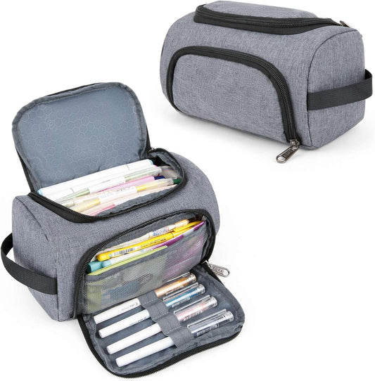 XQXA Large Capacity Pencil Case Organizer, Multifunctional Extra Big Pencil Pouch with Compartmens, Travel Simple Stationery Pen Bag, Fabric Pencil Bag for Men Women Girl Boy (Grey)