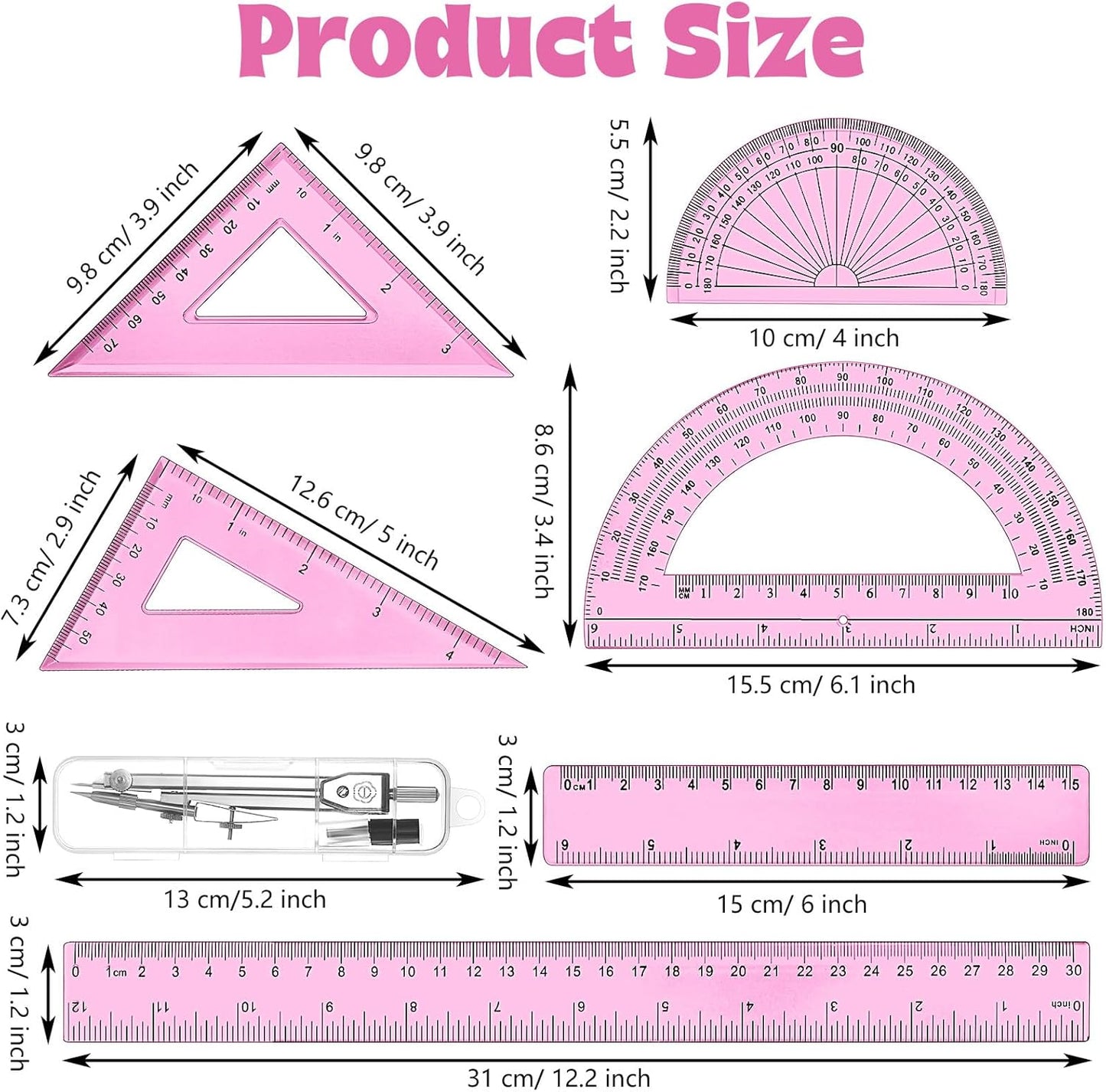 Zonon 1 Set Plastic Geometry Math Set Includes Drawing Compass, 6 Inch 4 Inch Protractor, 45/60 Degree Triangle Rulers 12 Inch 6 Inch Math Ruler Transparent for Office Supplies (Pink)