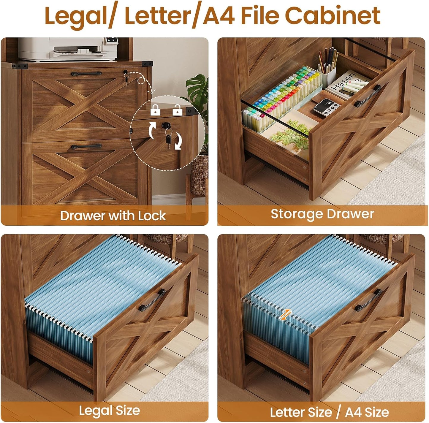 SEDETA 2 Drawer File Cabinet with Lock, Wood Filing Cabinet fits Letter, Legal, A4 Size, Hanging File Folders, Farmhouse File Cabinets for Home Office with Adjustable Storage Shelf (Brown)