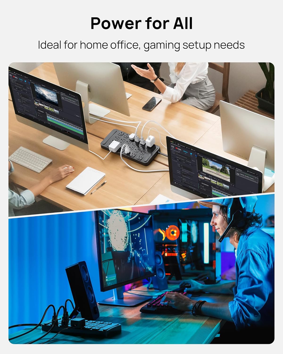 TROND Surge Protector Power Strip 360° Rotating Flat Plug, 24 AC Outlets, 4000 Joules, 6ft Heavy Duty Extension Cord 1875W, ETL Listed, Ideal for Gaming Office Home Dorm Room Essentials Black