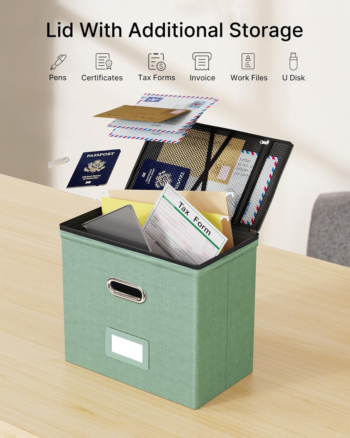 Oterri 2 Pack File Organizer Boxes with Lids, File Box with Mesh Pockets, Document Organizer Box for File Folders Letter Size, Zippers Filing Box for Home, Office, School (Green, Without Folders)