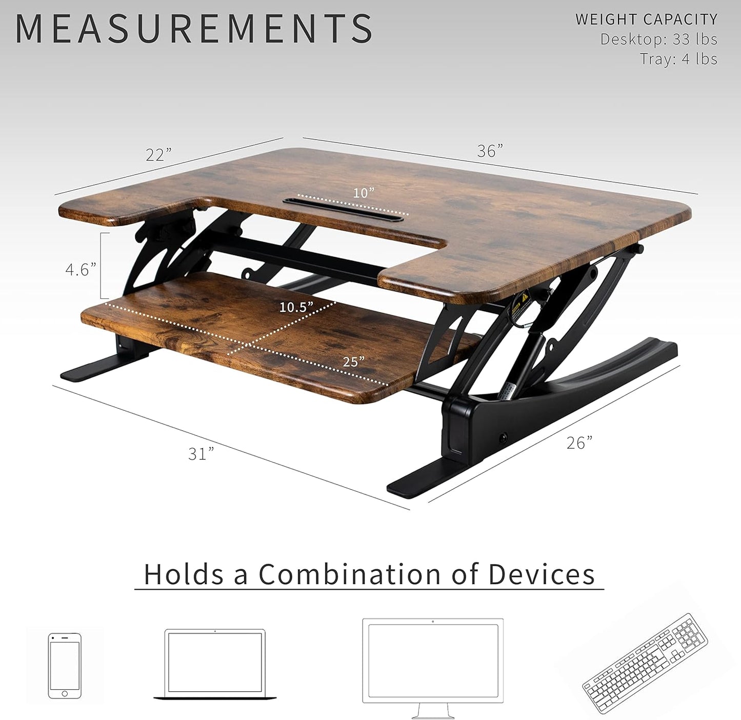 VIVO 36 inch Height Adjustable Stand Up Desk Converter, V Series, Quick Sit to Stand Tabletop Dual Monitor Riser Workstation, Rustic Vintage Brown Top, Black Frame, DESK-V000VN