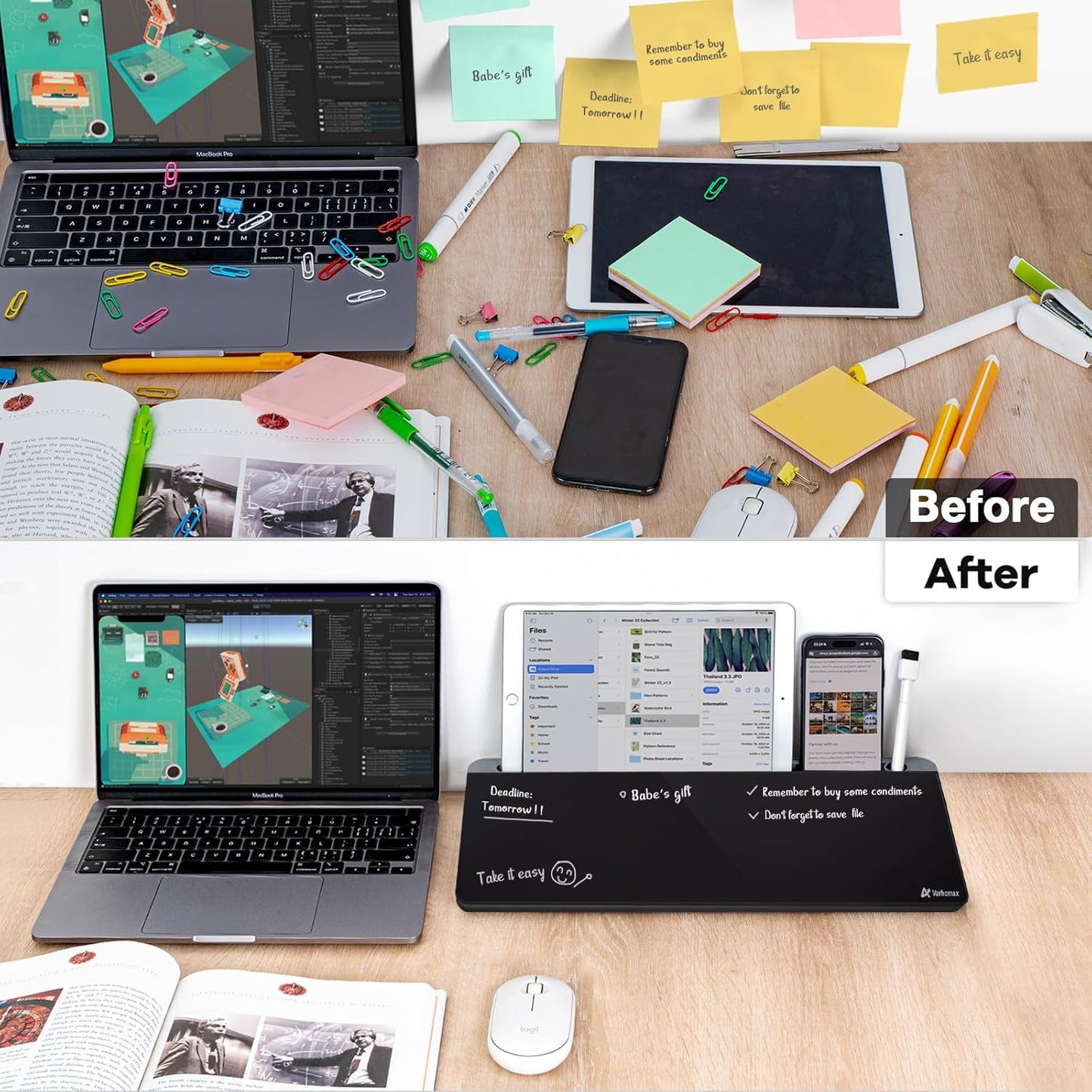 Varhomax Glass Desk Whiteboard with Storage, Desktop Organizer to-do List Memo Notepad Dry Erase White Board for Home Office and School Supplies (Gray&Black)