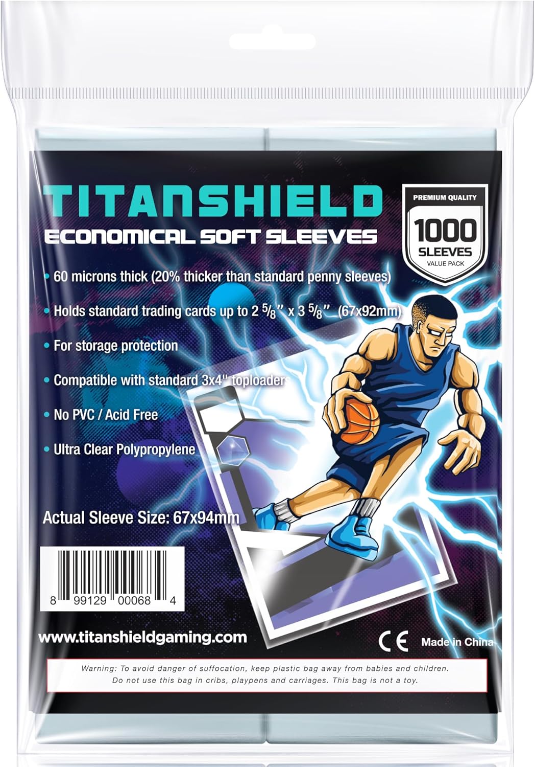 TitanShield 1000 Count 60-Microns Thickness Soft Penny Card Sleeves 2-5/8” x 3-5/8” (67x94mm), Ultra Clear (1000 Count)
