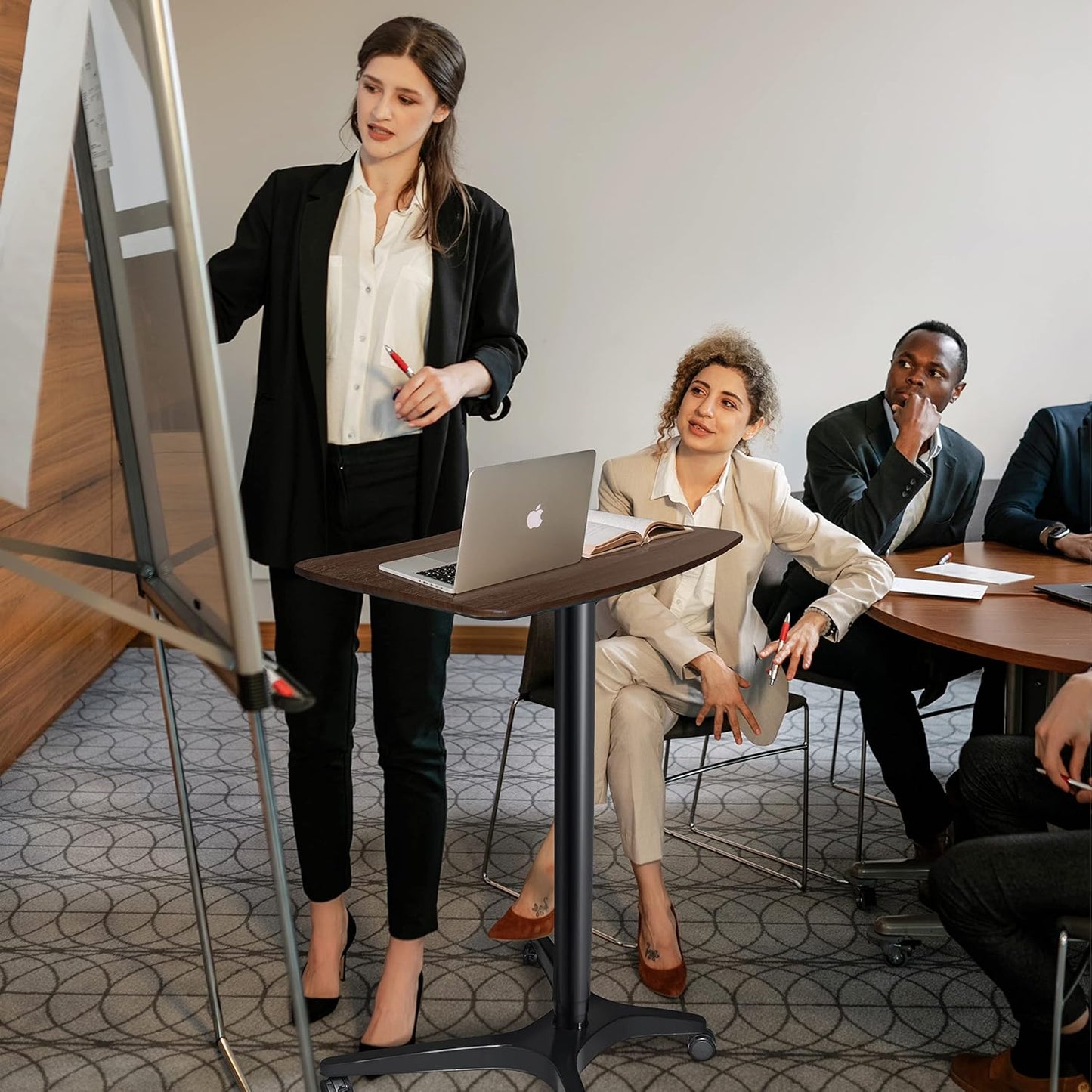 Pneumatic Adjustable Height Desk, Laptop Standing Desk, Rolling Sit-Stand Cart, Mobile Podium Portable Lectern for Home, Office& Classroom, 26" 19.3" Platform (29" to 46.9" H)，Brown