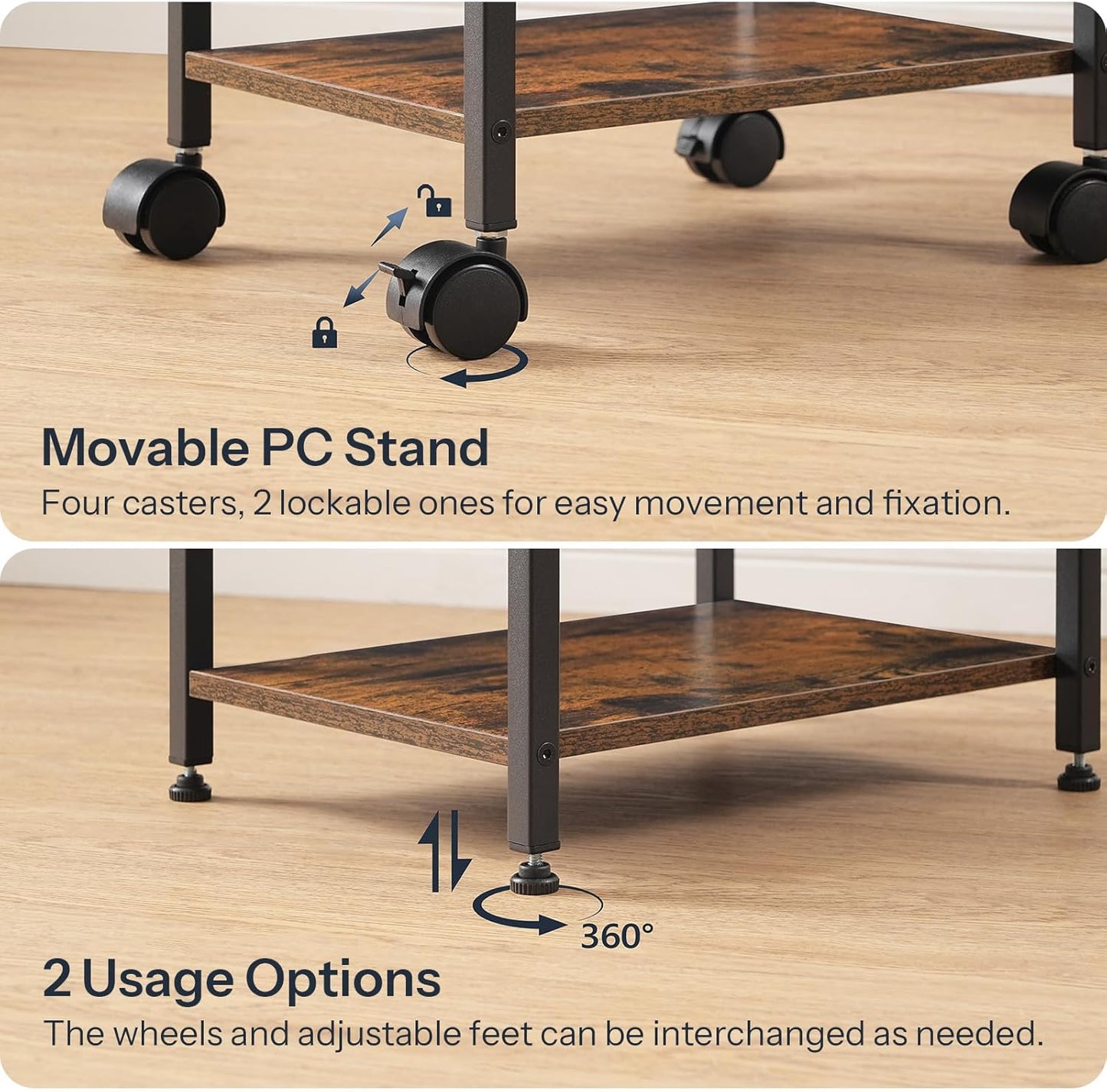 HOOBRO PC Stand, 2-Tier PC Tower Stand Fits Most Computer Towers, CPU Holder for Floor, Height Adjustable, CPU Stand with Wheels Under Desk, for Home Office, Rustic Brown and Black BF11CJ01