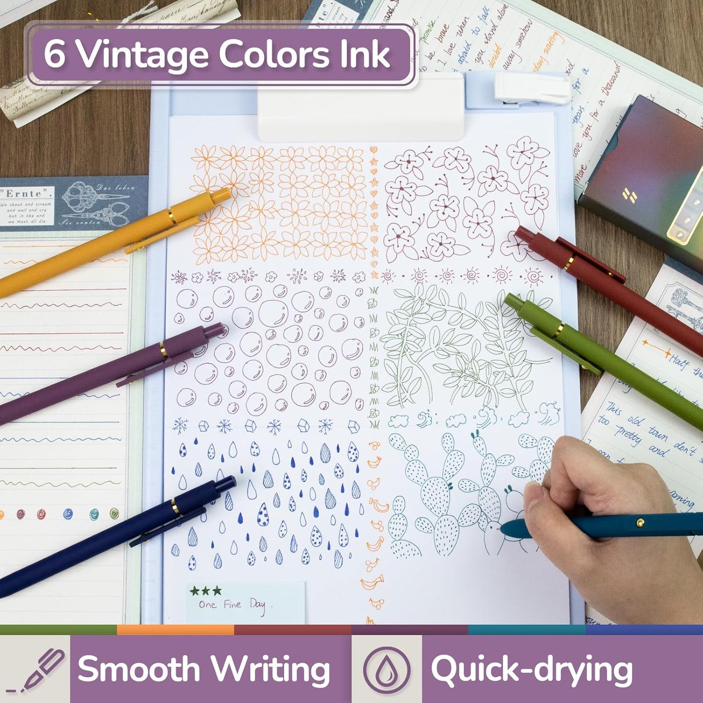 6 Pcs Color Pens for Journaling 0.5mm Fine Point Colored Gel Ink Pen, Smooth Writing Colorful Pens for Note Taking, Gift Set for Women & Men (6 Pcs Vintage Gold)