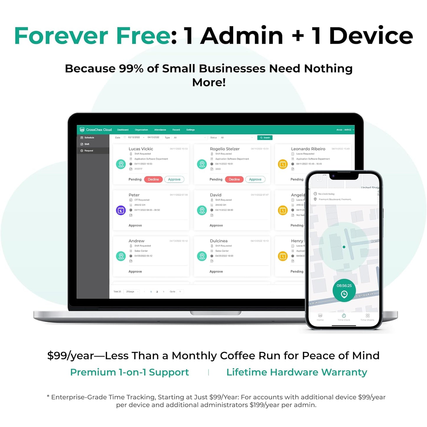 ANVIZ Time Clocks for Employees Small Business - CX2 Fingerprint Biometric Clock in and Out Machine - Forever Free Cloud Software, Black