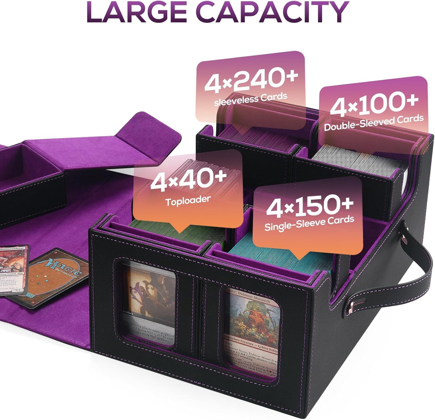 Trading Card Storage Box for MTG, card storage box with Commander Display，Multi-purpose Deck Case for MTG TCG Sports Card, 4 Toploaders, 4 Stoppers, 4 Colorful Dividers (Black & Purple)