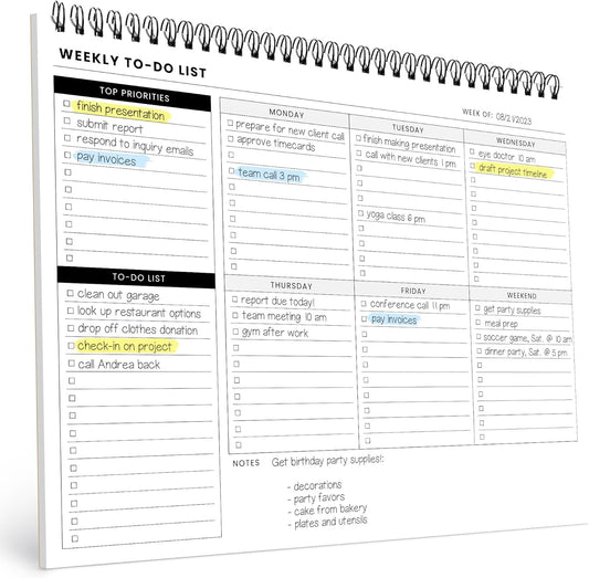 Of a Happy Kind Weekly To Do List Spiral Planner Pad - 8.5x11 52 Sheets - Desk Notepad with Multiple Sections - Undated Planning Notebook Checklist, Todo Agenda Plan