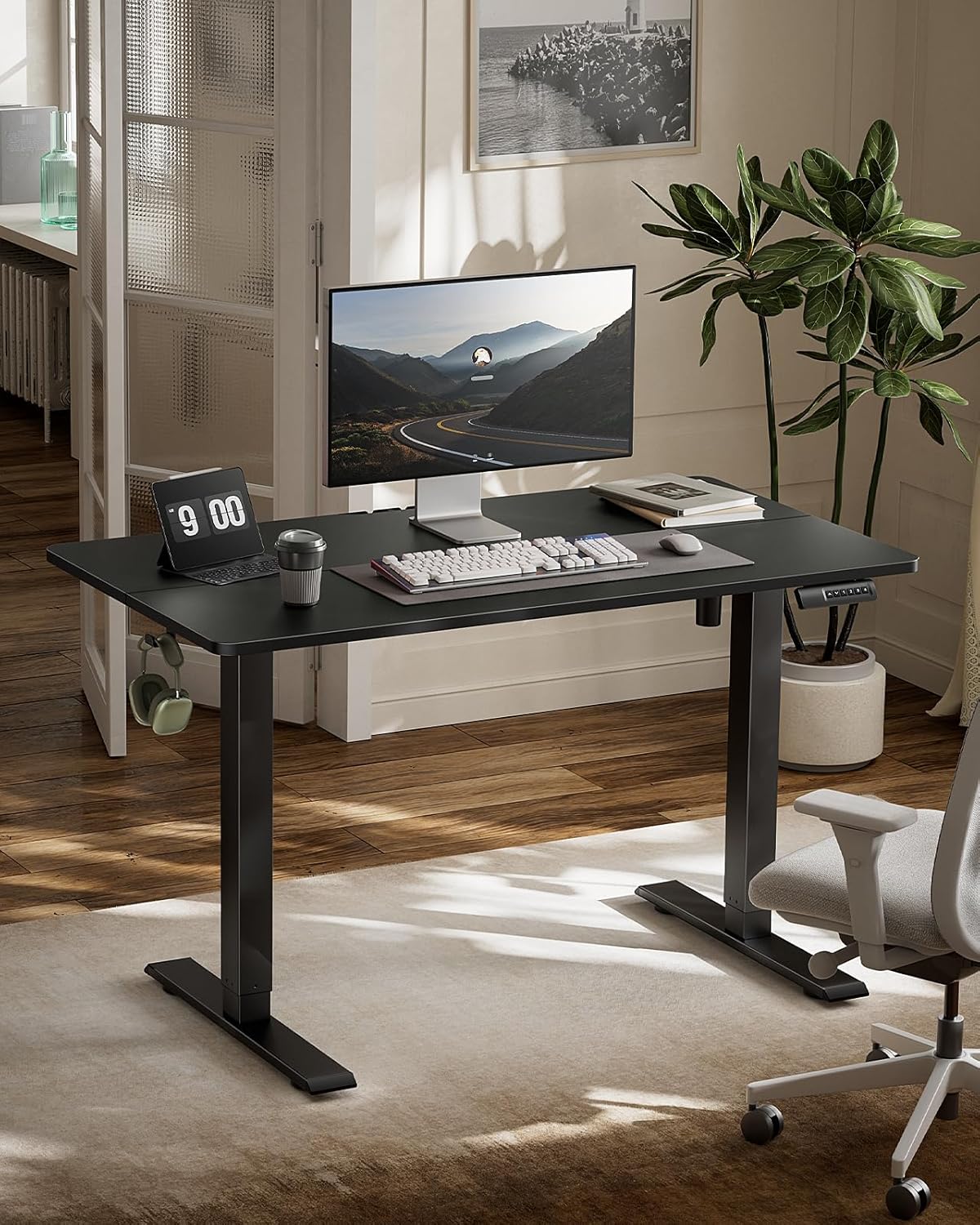 Marsail Standing Desk Adjustable Height Stand up Home Office Desk,‎ 48x24 Inch Electric Standing Computer Desk, with 4 Memory Presets, Headphone Hook, Cable Organizer, Black