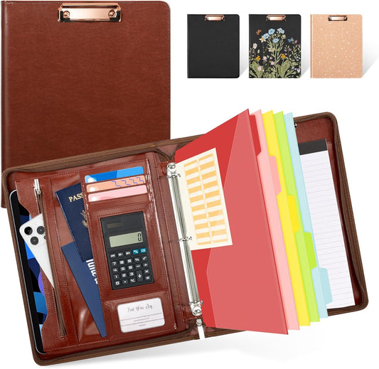 Ospelelf 3 Ring Binder Portfolio Folder with Zipper- Leather Padfolio with Clipboard Storage- Calculator, 12.1” Tablet Sleeve, 5 Dividers with Pocket, Refillable Notepad, Card Slot (Red Brown)