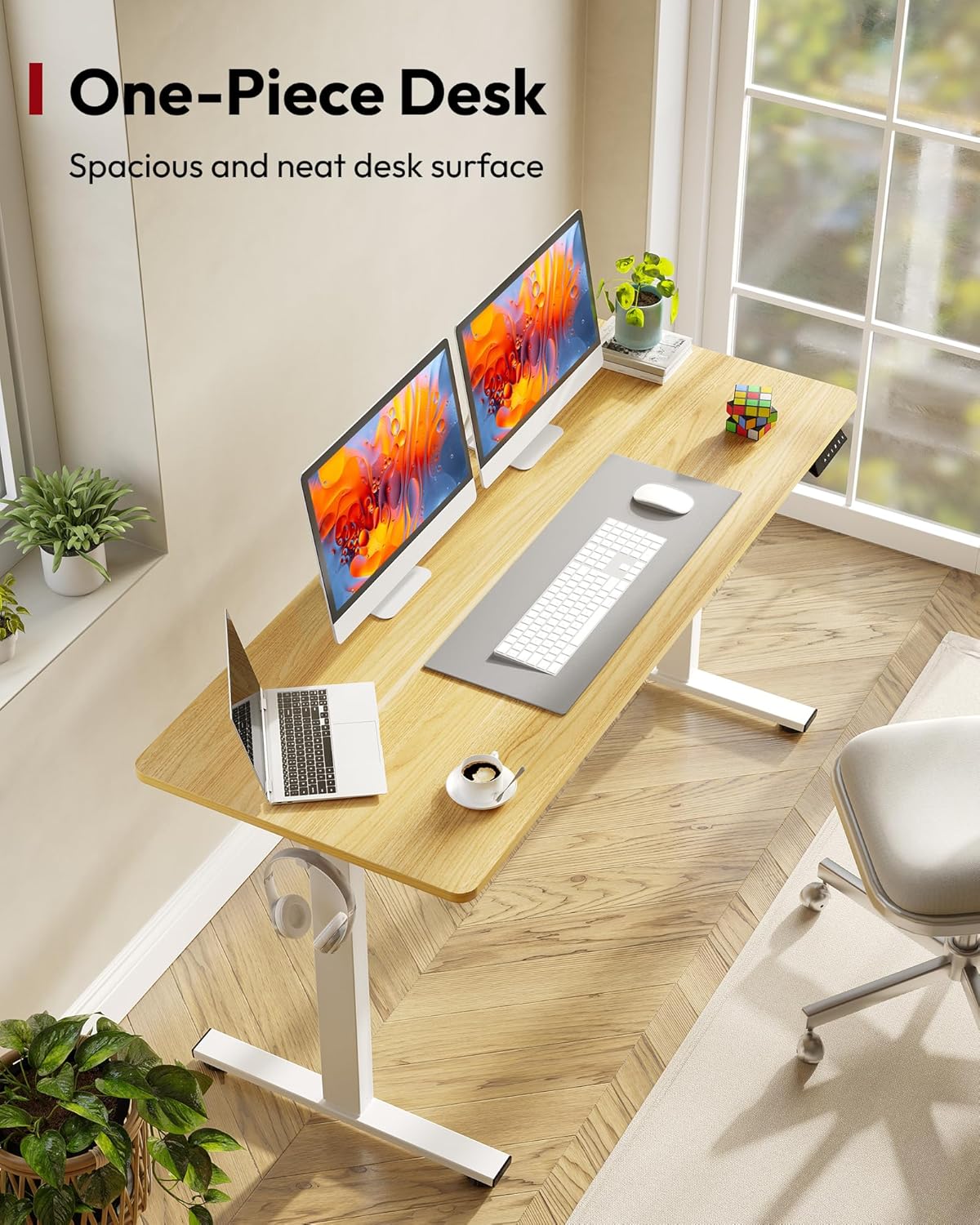 SANODESK Electric Standing Desk 60 x 24 Inches Whole-Piece Desktop Height Adjustable Stand Up Desk w/6-Button Controller Ergonomic Computer Desk for Home Office, White Frame + Natural Tabletop