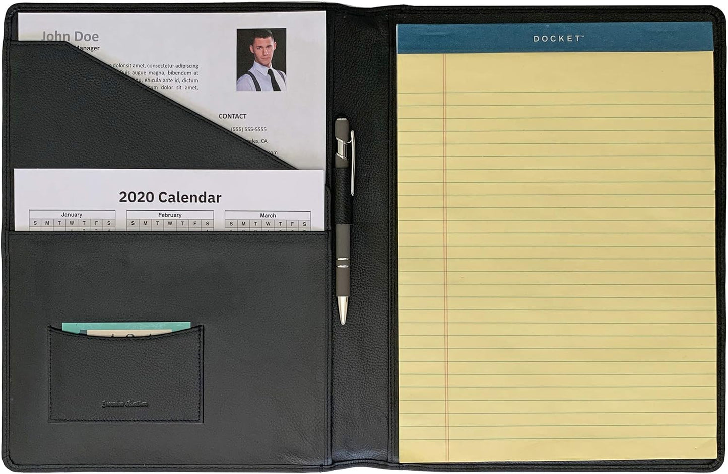 Personalized Premium Genuine Leather Portfolio Folder, Padfolio for Men and Women, with Business Card Holder, Pockets, Pen Loop, Document Organizer - Black