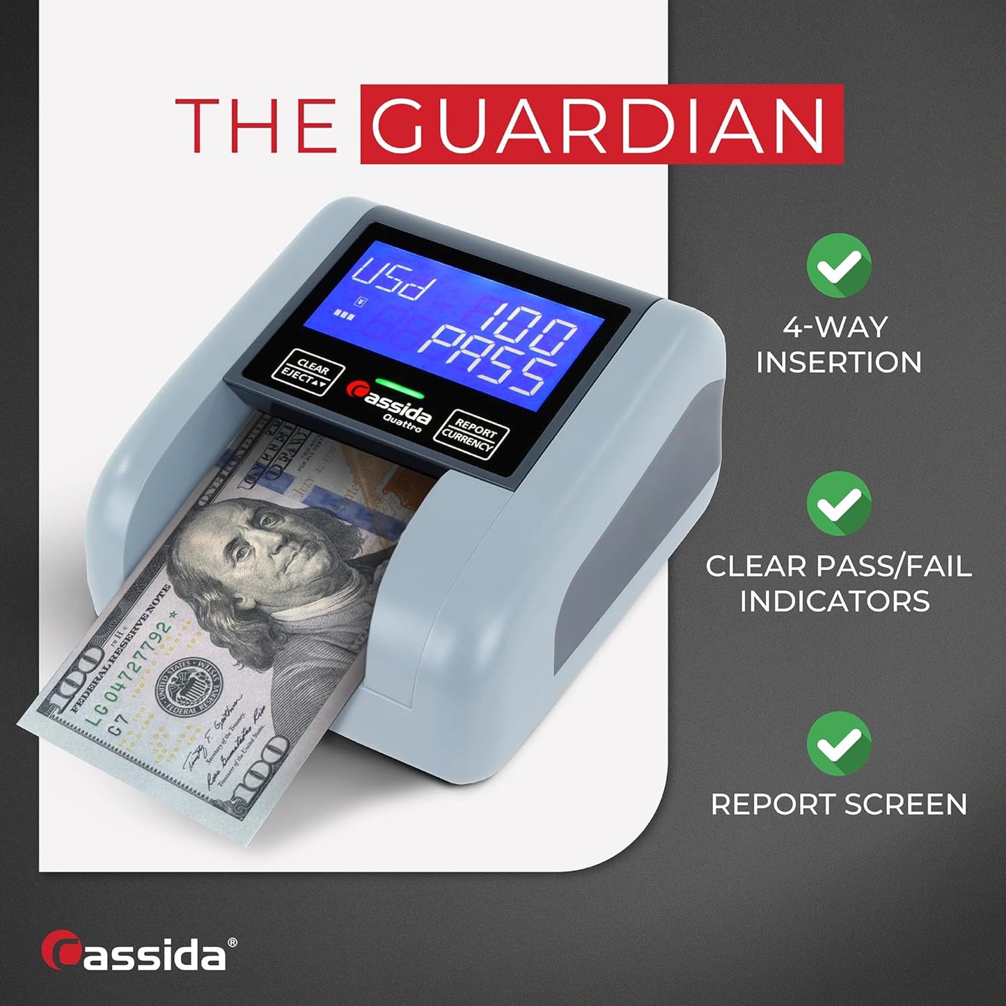 Cassida Quattro Fast Automatic Currency Counterfeit Detector with Advanced Sensors (UV,MG,IR,MT,Thickness,Size) - All-Orientation Feeding - Rechargeable Battery - 3.5" Value & Pass/Fail Display