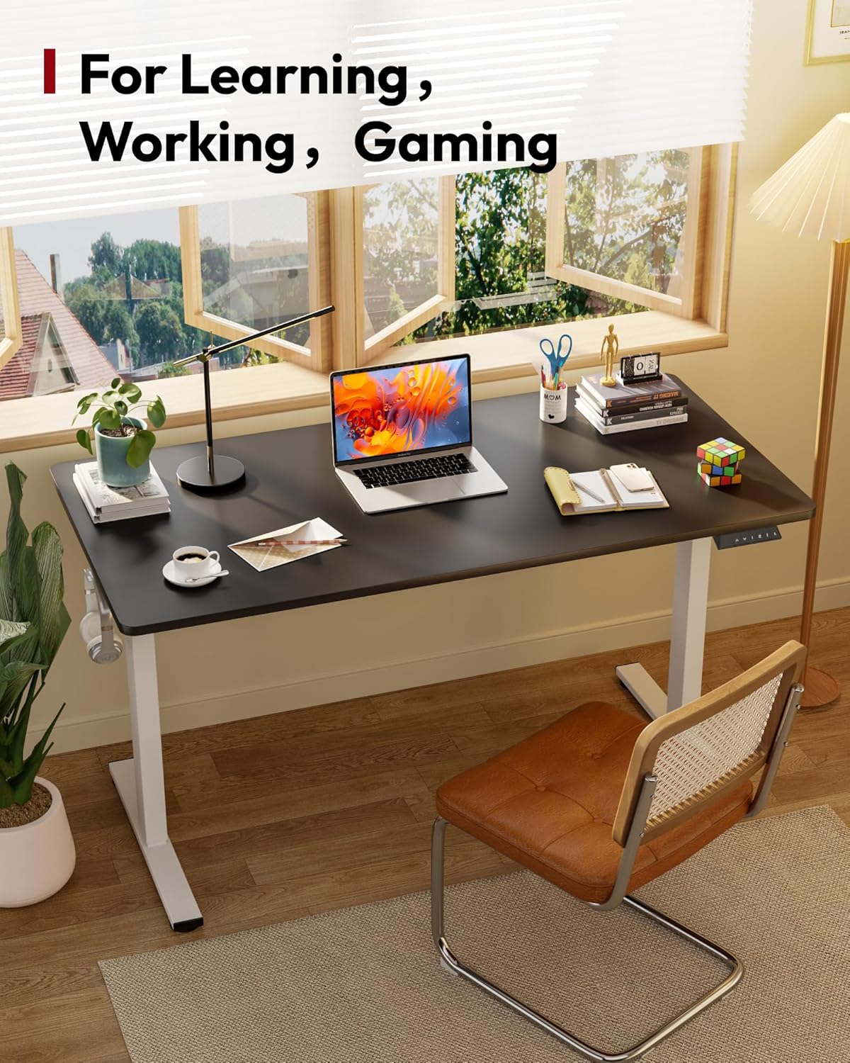 SANODESK Electric Standing Desk 60 x 24 Inches Whole-Piece Desktop Height Adjustable Stand Up Desk w/6-Button Controller Ergonomic Computer Desk for Home Office, White Frame + Black Tabletop