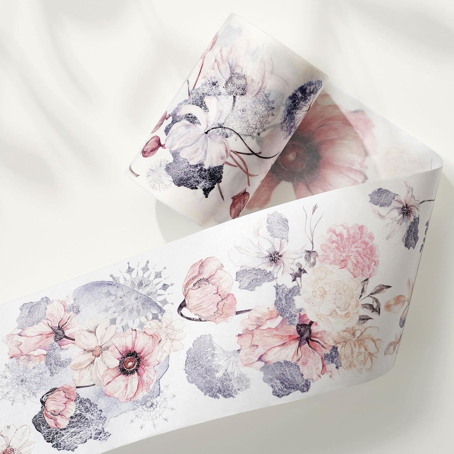 WT Frostbloom Wide Washi Tape, Single Roll, Original Design, Pastel Pink Floral Design, Decorative Masking Tape for Arts, DIY Crafts, Journals, Planners, Scrapbooks