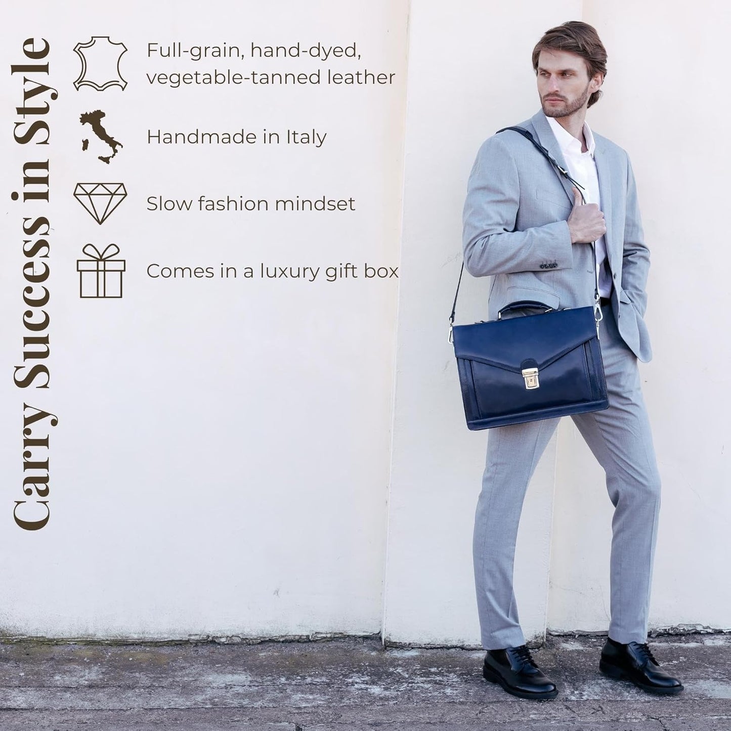 Time Resistance Leather Briefcase for Men - Business Laptop Bag - Italian Handmade Leather Bag - Attache - Gift Box Included