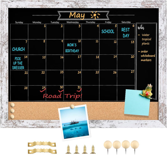 TORASO Magnetic Chalkboard Calendar Corkboard, Small Combination Chalk Board Bulletin Board, 13" x 17", Vintage White Framed Blackboard Calendar Cork Combo Board(ZHHB-Wood WH-3343)