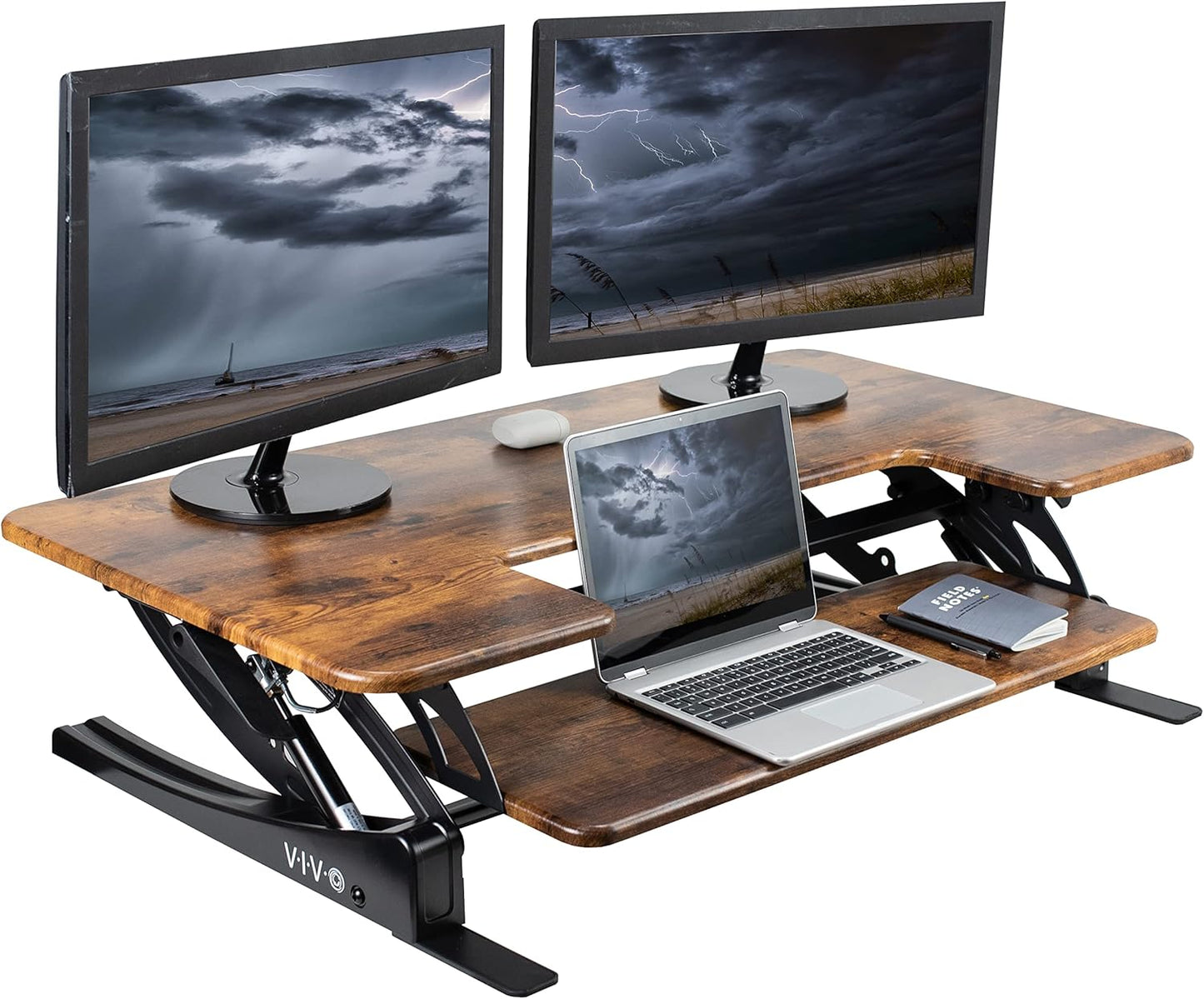 VIVO 42 inch Height Adjustable Stand Up Desk Converter, V Series, Quick Sit to Stand Tabletop Dual Monitor Riser Workstation, Rustic Vintage Brown Top, Black Frame, DESK-V000VLN