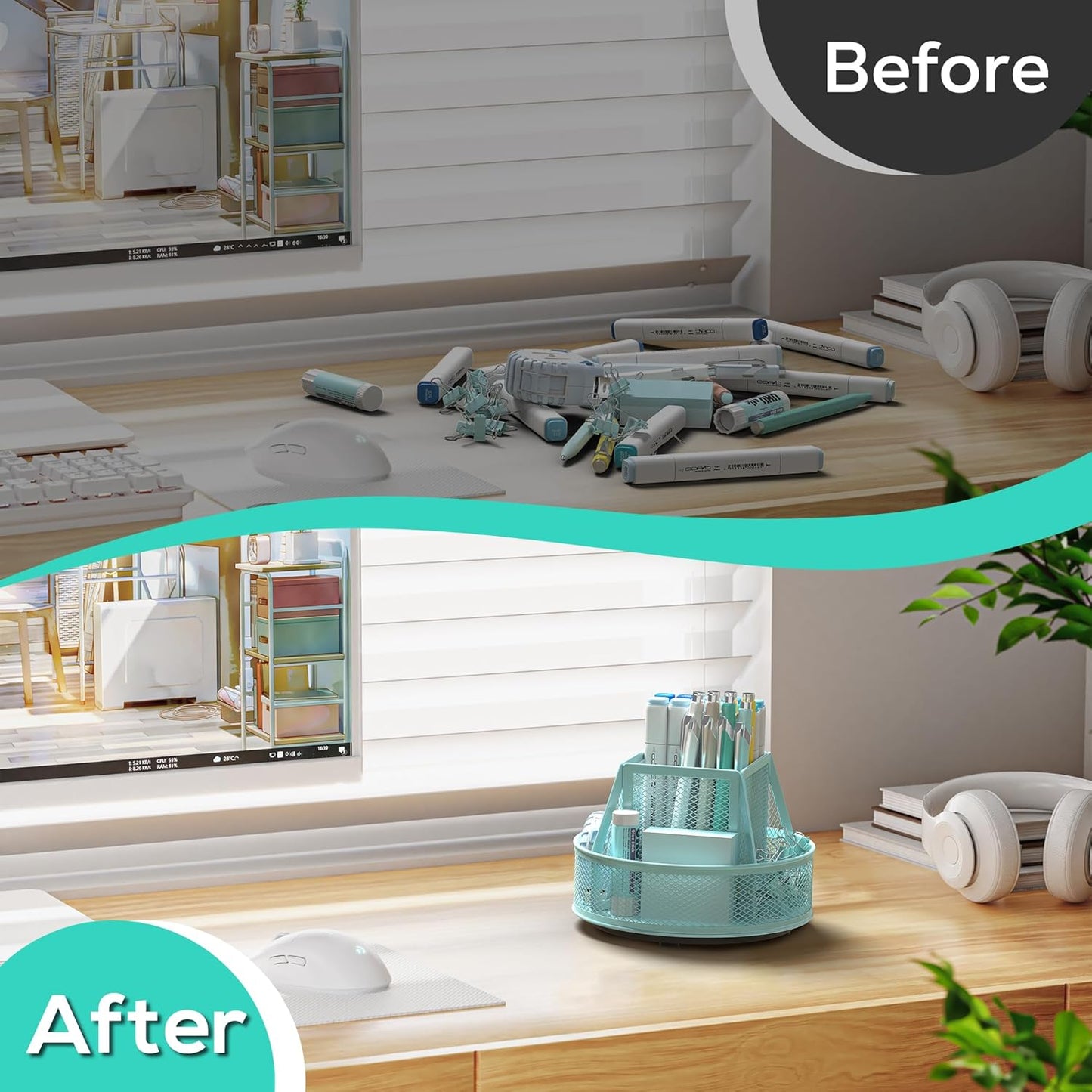 YINGHUA Metal Mesh Desk Organizer with 5 Compartments and Rotating Pencil Holder Pen and Stationery Organizer for Office Home School Anti Slip Base Blue