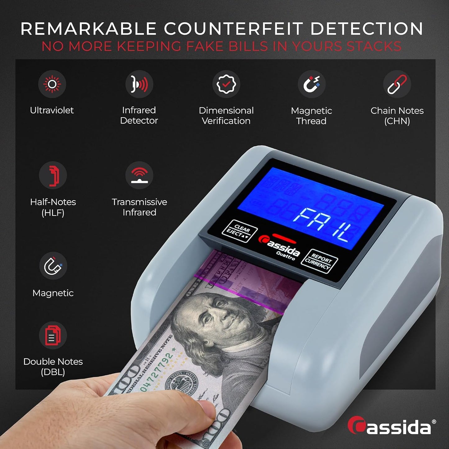 Cassida Quattro Fast Automatic Currency Counterfeit Detector with Advanced Sensors (UV,MG,IR,MT,Thickness,Size) - All-Orientation Feeding - Rechargeable Battery - 3.5" Value & Pass/Fail Display