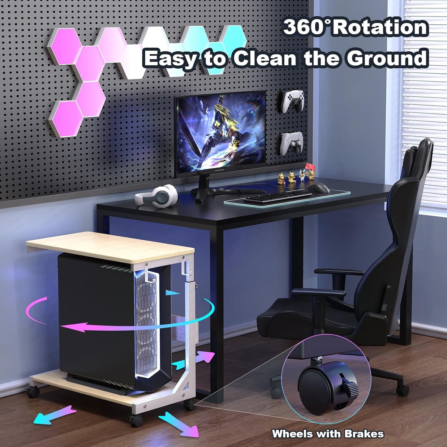 Height Adjustable Computer Tower Stand with Charge Station and USB Charging Port, 2-Tier ATX-Case Cart, Under Desk Mobile PC Stand, CPU Holder Cart with Locking Caster Wheels for Fits Most PC