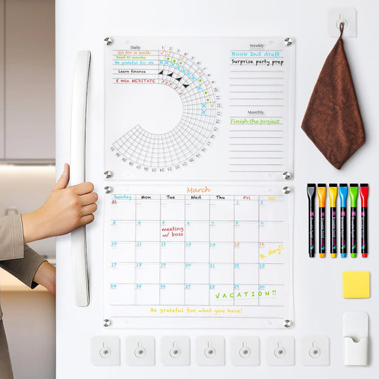 Acrylic Calendar and Habit Tracker Set - Magnetic Acrylic Calendar for Fridge - Clear Magnetic Planner for Refrigerator - Clear Dry Erase Board for Wall with pens, holder, eraser - The Goal Tracker