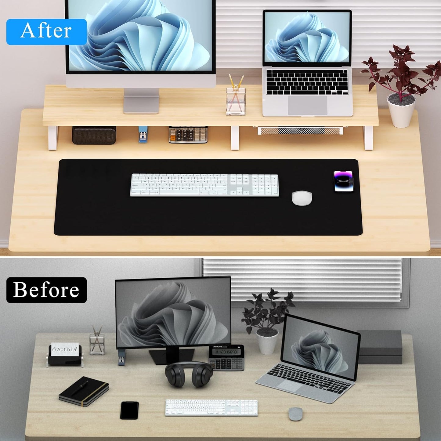 Aothia Dual Monitor Stand Riser - Monitor Stand with Drawer,Monitor Stand For 2 Monitors, Desk Shelf For Monitor with Metal Legs, Wood Monitor Stand with Storage Organize For Pc,Laptop,Screen (Oak)