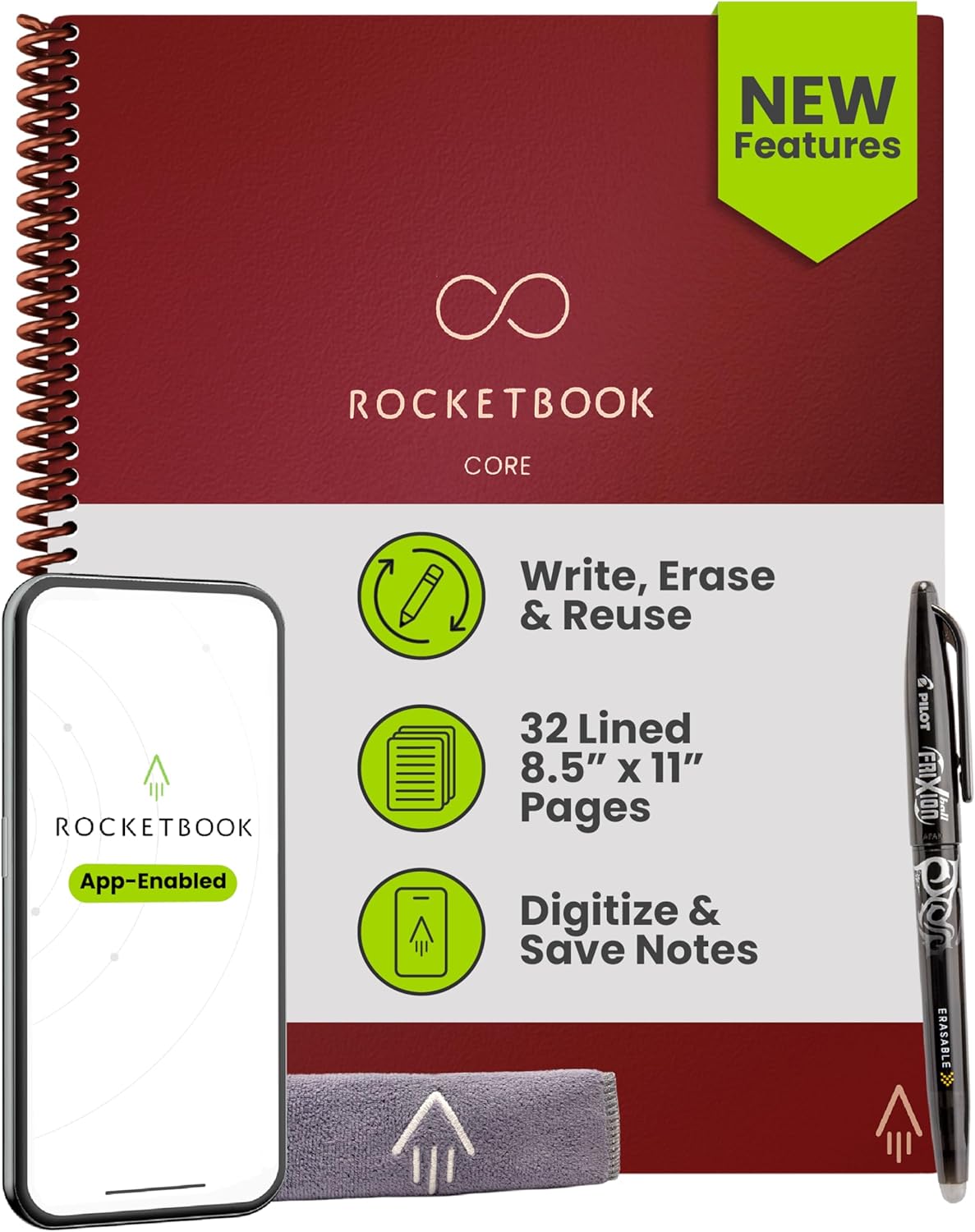 Rocketbook New Core Reusable Spiral Notebook, Letter Size 8.5x11, Maroon - Lined Pages, App-Connected, Erasable, Durable Cover, Ideal for School, Work, and Creative Projects