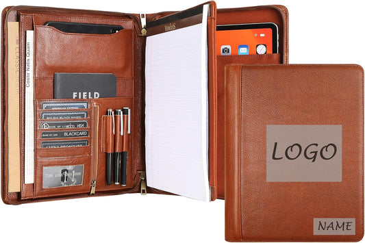 Personalized Leather Portfolio Organizer for IPad/Document, Business Padfolio with A4 Leather Notepad Holder, Custom Leather Compact Folder Conference Portfolio for Men and Women, Oil-Brown