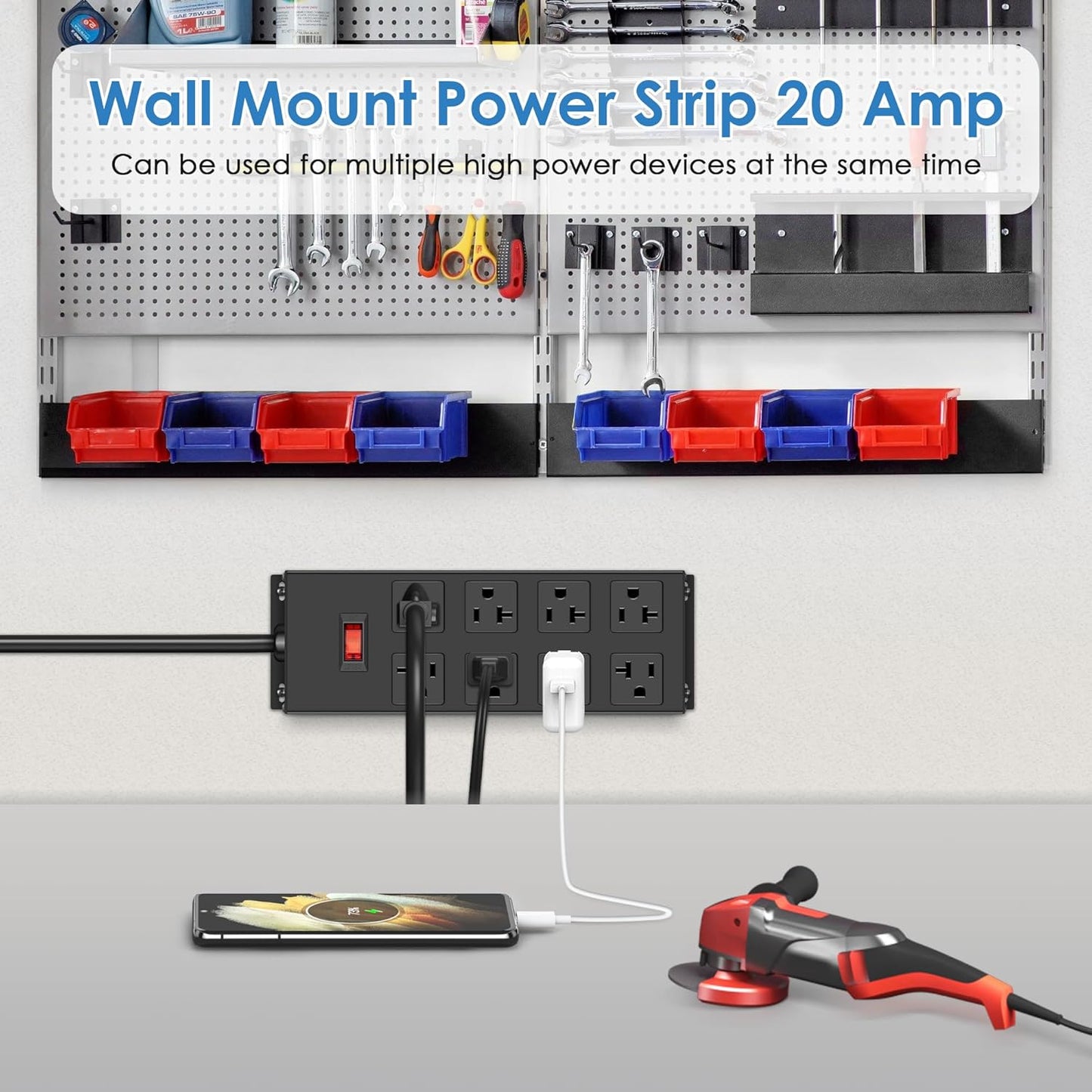 JUNNUJ Heavy Duty 20 Amp Power Strip, Garage 8 Outlets Metal 12 Gauge Surge Protector 3000J, High Amp 5-15P Adapter Shop 6-20R T-Slot Industrial Outlets (8AC, 15FT)