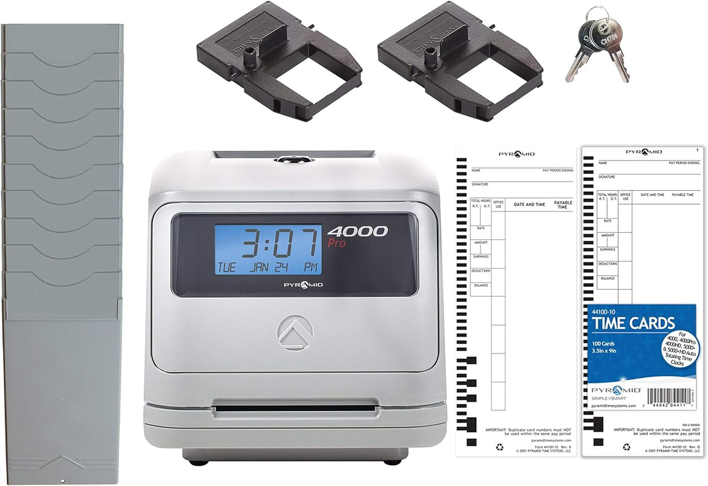 Pyramid Time Systems - Model 4000 Pro Auto Totaling Time Clock [ 4000PROK ] for Small Business, Bundle Includes: 125 Time Cards,2 Ink Ribbon cartridges, 1 Ten Time Card Rack, 2 Security Keys