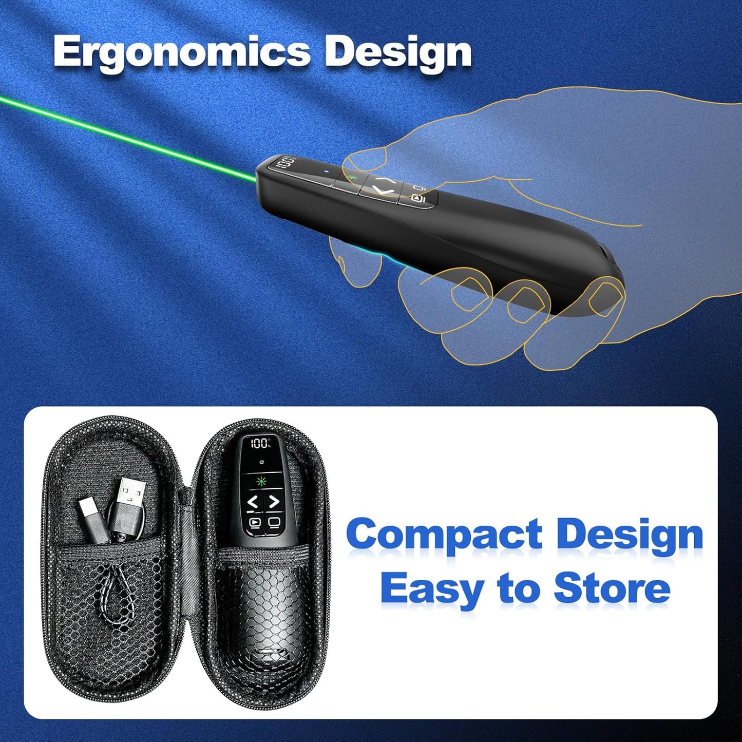 Rechargeable Presentation Clicker with Case, Power Digital Display Wireless Presenter Remote, USB C Green Light Pointer Computer PowerPoint PPT Clickers for Mac Laptop, Slideshow Google Slide Advancer