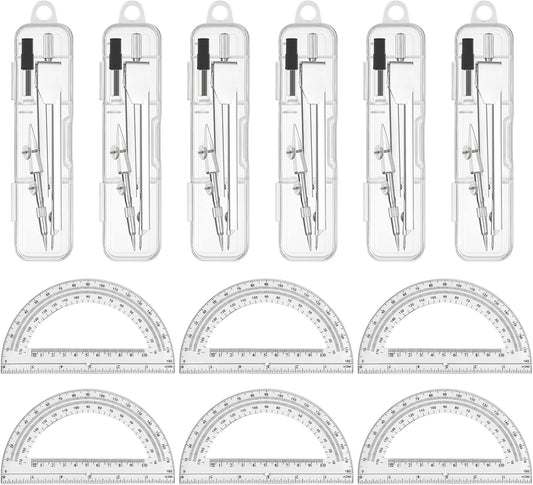 6 Sets Compass and Protractor Sets Student Basics Geometry Math Set Metal Compass and 6 Inch 180 Degree Protractors Geometry Graphing Drawing Tools for Office and School Supplies(Clear)