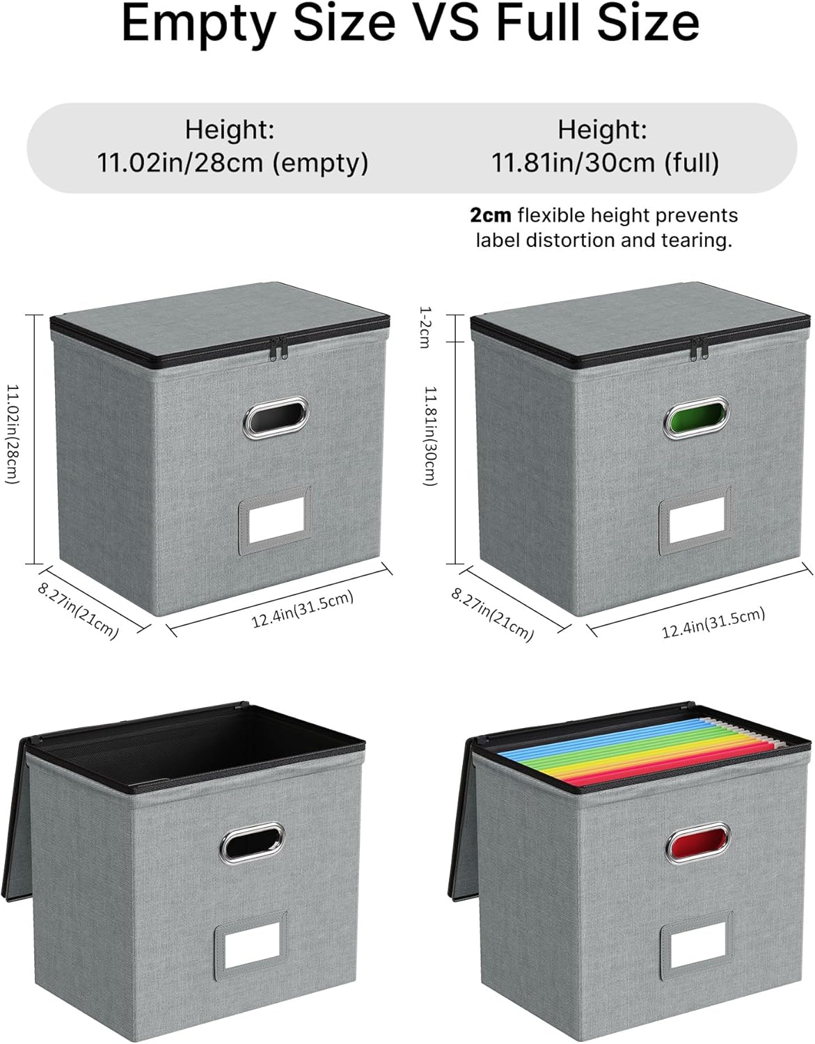 Oterri 2 Pack File Organizer Boxes with Lids, File Box with Mesh Pockets, Document Organizer Box for File Folders Letter Size, Zippers Filing Box for Home, Office, School (Grey, Without Folders)