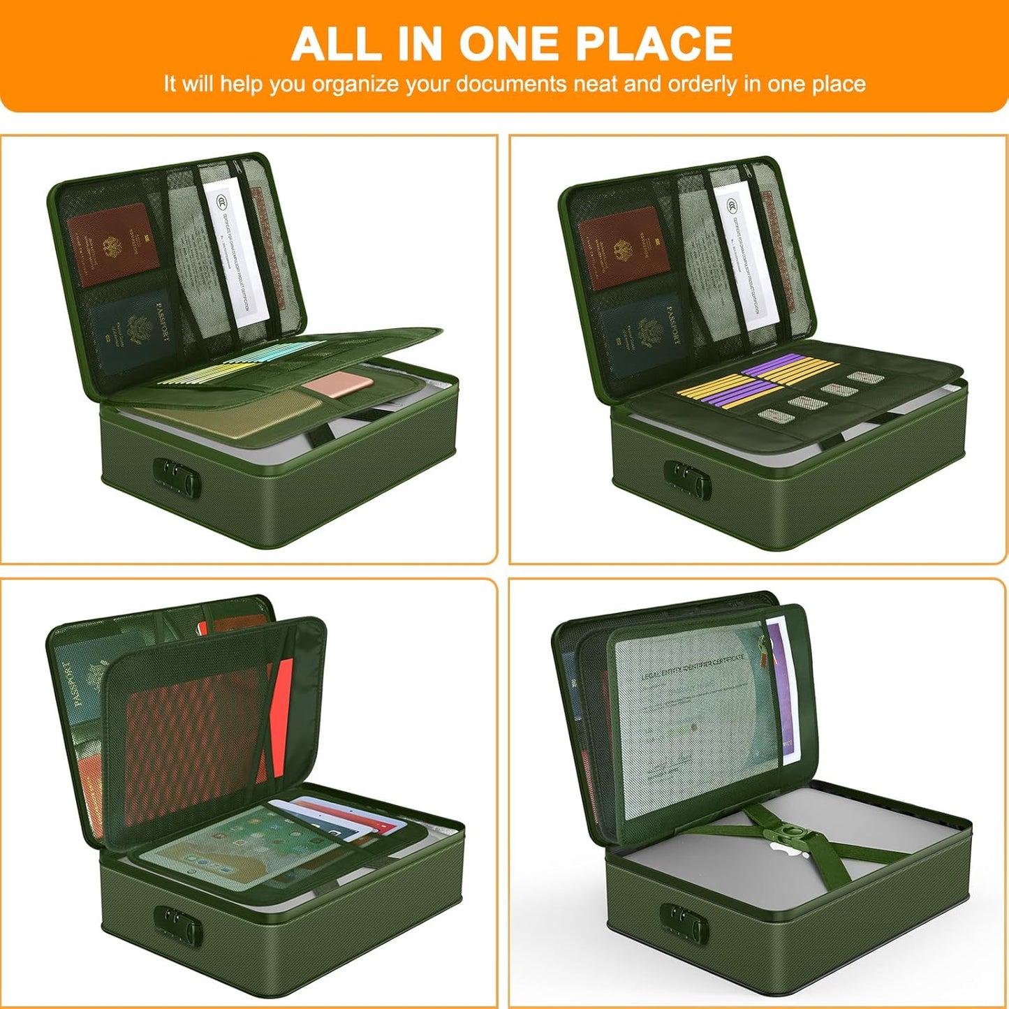 Noiposi Document Organizer with 5200℉ Heat Insulated,Waterproof and Fireproof Document Box,Portable Home Travel Safe Storage Box for Important Documents,File and Birth Certificate，Green