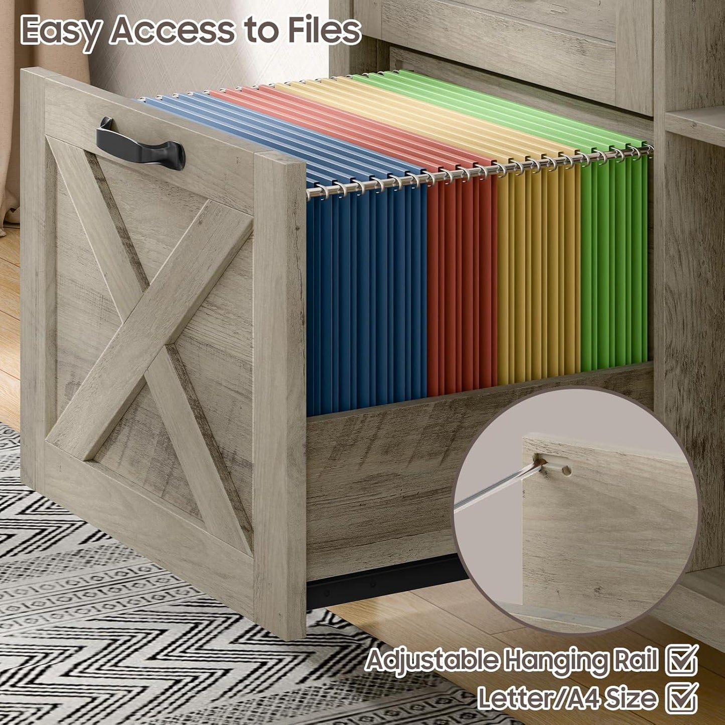 Lateral File Cabinet with 2 Drawers and Door, Farmhouse File Cabinet for A4/Letter Size Hanging Files, Large Wood File Storage Cabinets Printer Stand with Open Space for Home Office Furniture, Grey