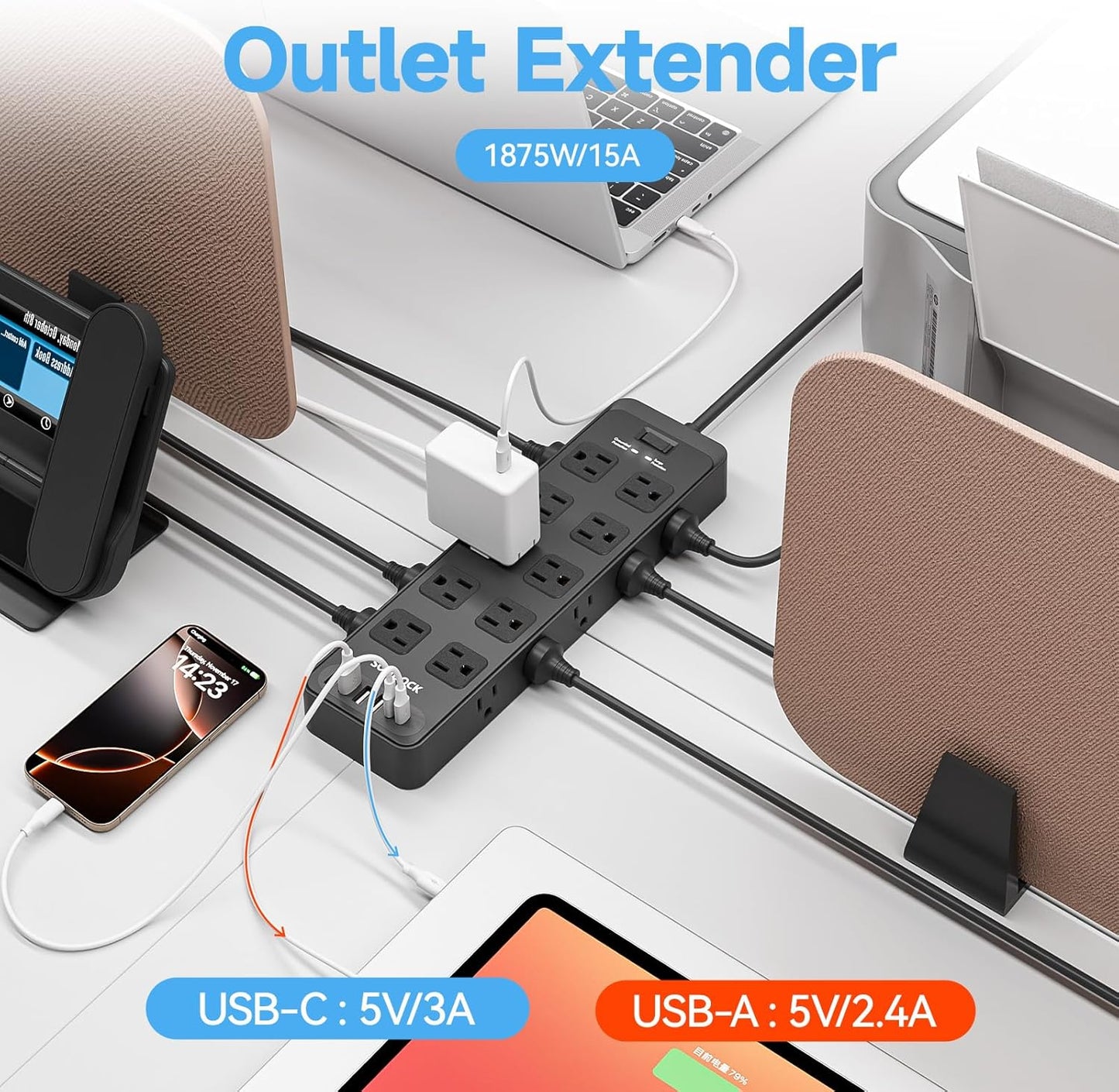 Power Strip Surge Protector Flat Plug with 20 AC Outlets 6 USB Chagring Ports, 1875W/15A, 2700J, 10 Ft Heavy Duty Extension Cord for Home, Office, Dorm, Gaming,ETL Listed (Black, 10 Feet)