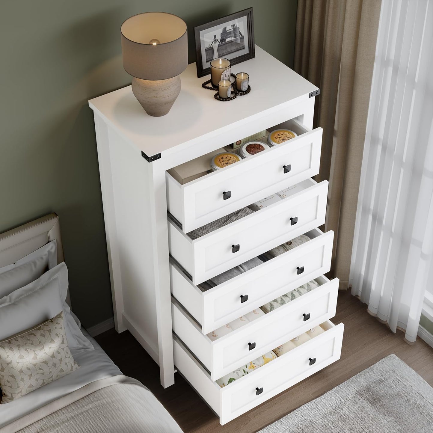 Tall 5-Drawer Dresser, Modern Wooden Storage Chest of Drawers, Dresser TV Stand, Wood Drawer Organizer with Metal Handles for Bedroom, Living Room, Hallway