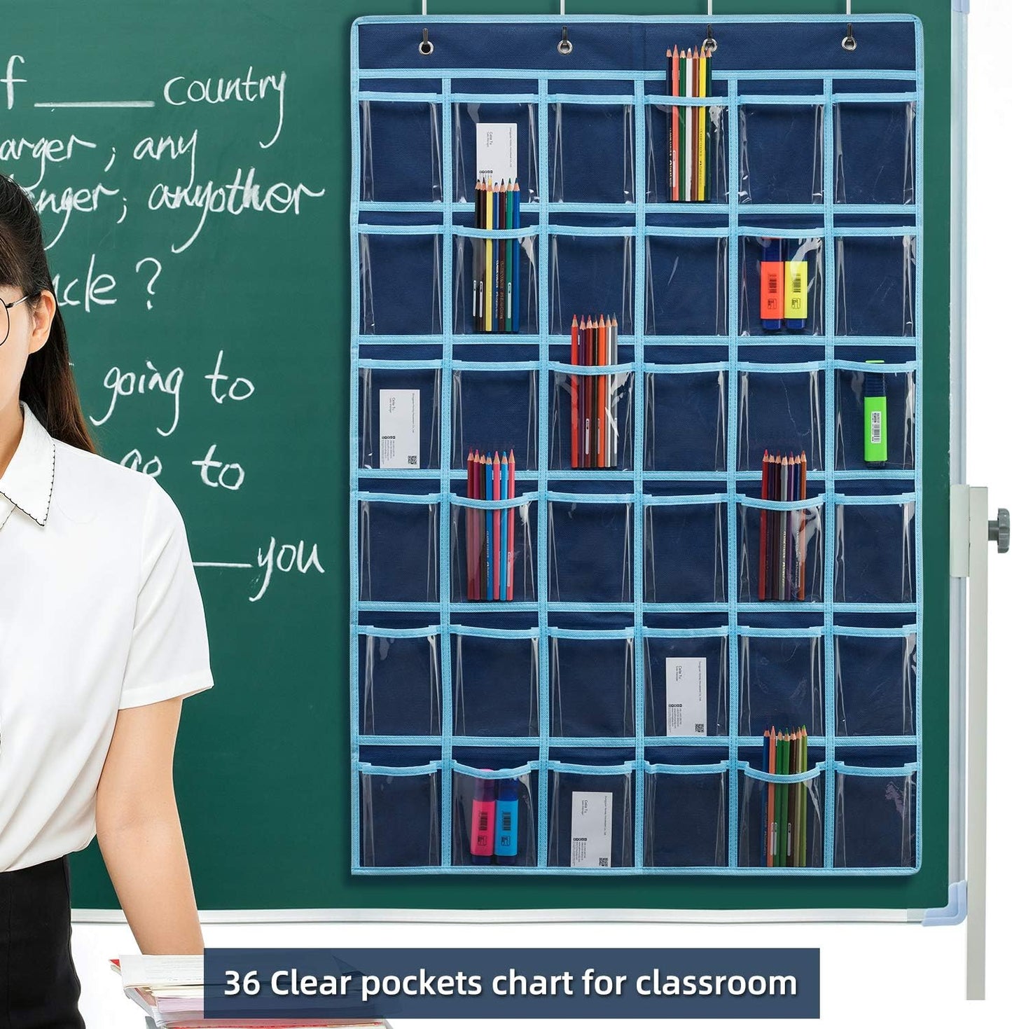 36 Clear Pockets Classroom Pocket Chart for Cell Phone and Calculator Holder, Door Hanging Pocket Chart for Classroom Phone Holder with Number Sticker and Hooks (Blue)