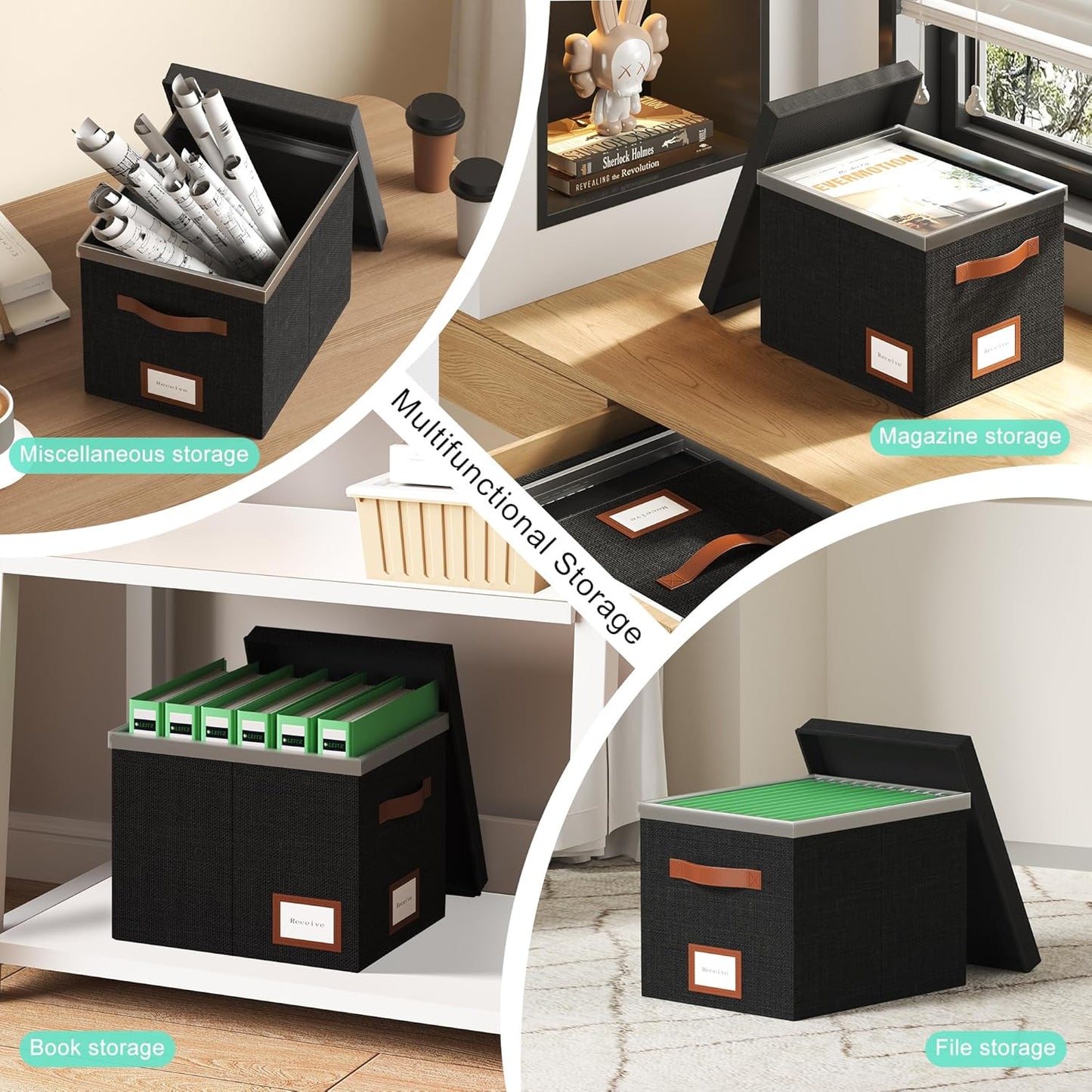 File Box for Hanging, File Organizer Box with Lid Decorative File Folders Letter Size Organizer with One-Piece Integrated Plastic Slide Rail (Black, 13.2x10.1x10.1inch(3pack))