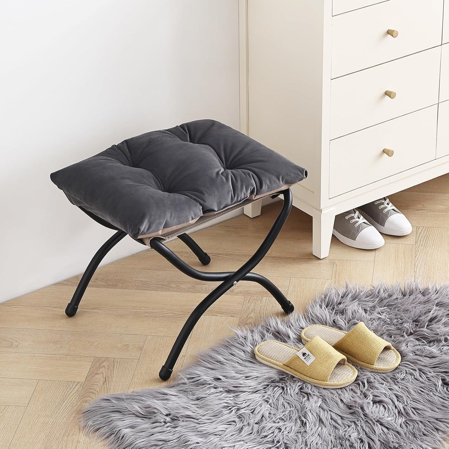 LITA Folding Upholstered Footrest Stool, Modern Small Portable Accent Ottoman with Detachable Thick Cotton Cushion Padded Sofa Stool with Metal Frame for Lazy Chair, Living Room & Bedroom, Smoky Grey