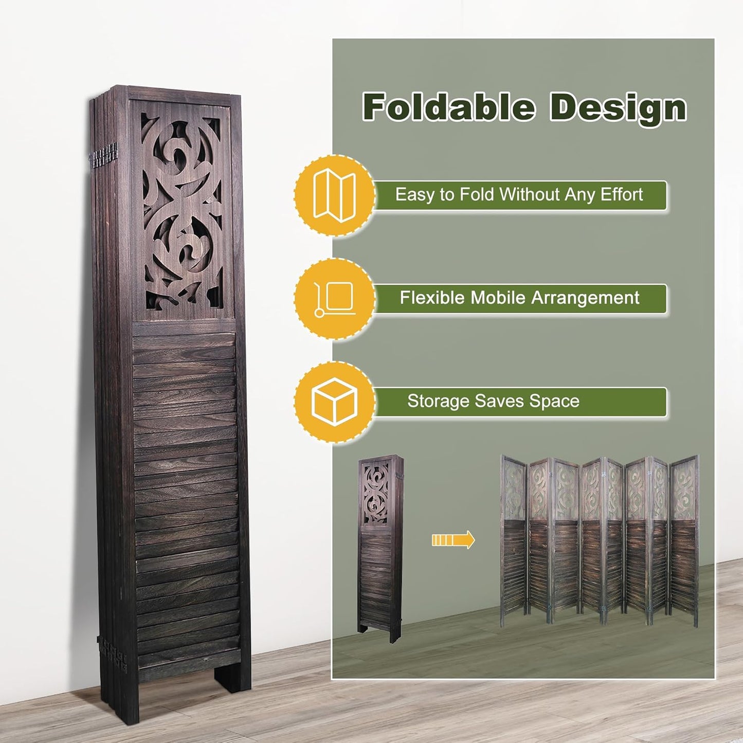 NicBex 8 Panel Room Divider,5.6FT Wood Carved Room Dividers,Folding Privacy Screens Portable Freestanding Partition Wall Dividers for Room Separation,Home Bedroom Office,Rustic Brown