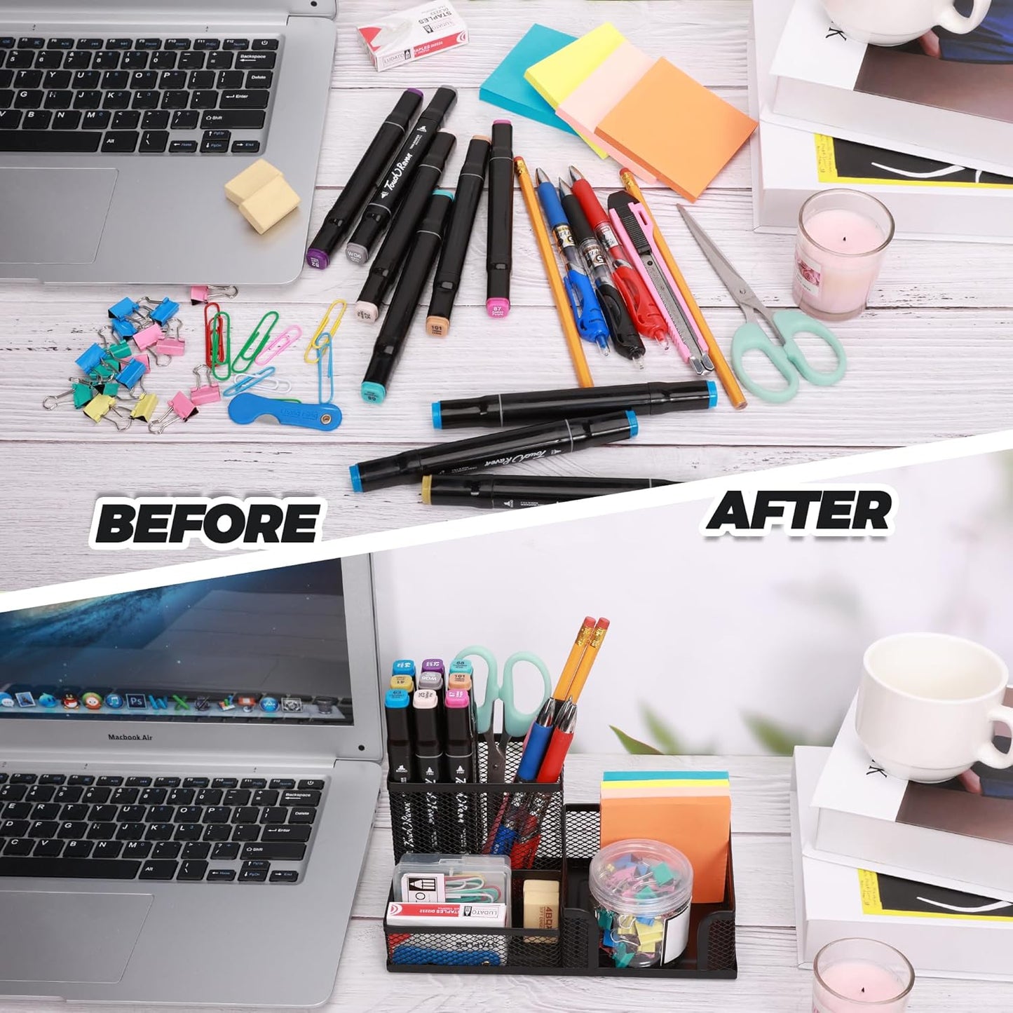 Ludato 4 Pieces 3 Compartments Mesh Pen Holder Desk Organizers Caddy and Accessories for Desk,Black Pencil Holder,Sticky Notes Holder for Home,Office and School