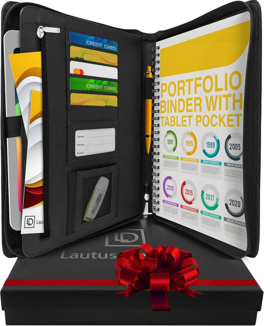 Black Zippered Leather Portfolio Binder - PU Leather Business Portfolio Organizer - Padfolio for Men & Women with US Letter Notepad, 10.5 Inch Tablet Pocket & Gift Box by Lautus Designs