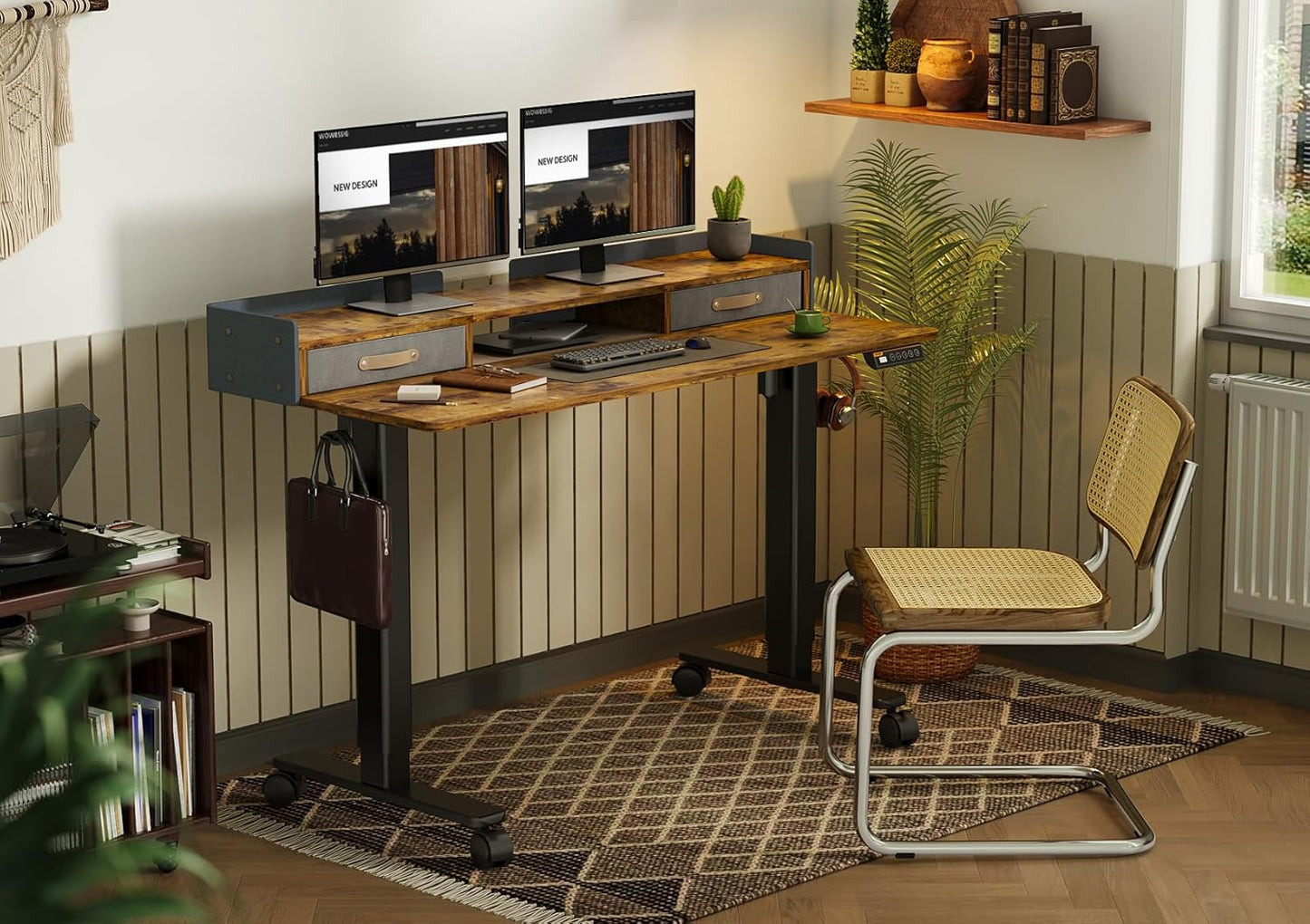 YDN Rustic Brown 2-Tier Adjustable Electric Standing Desk, 48 inch, Modern Design with 2 Drawers, Felt Fence, Hook, for Office